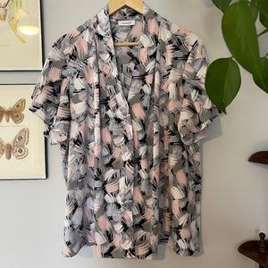 Calvin Klein Abstract Brush Stroke V-Neck Flutter Tulip Sleeve Blouse, 1X